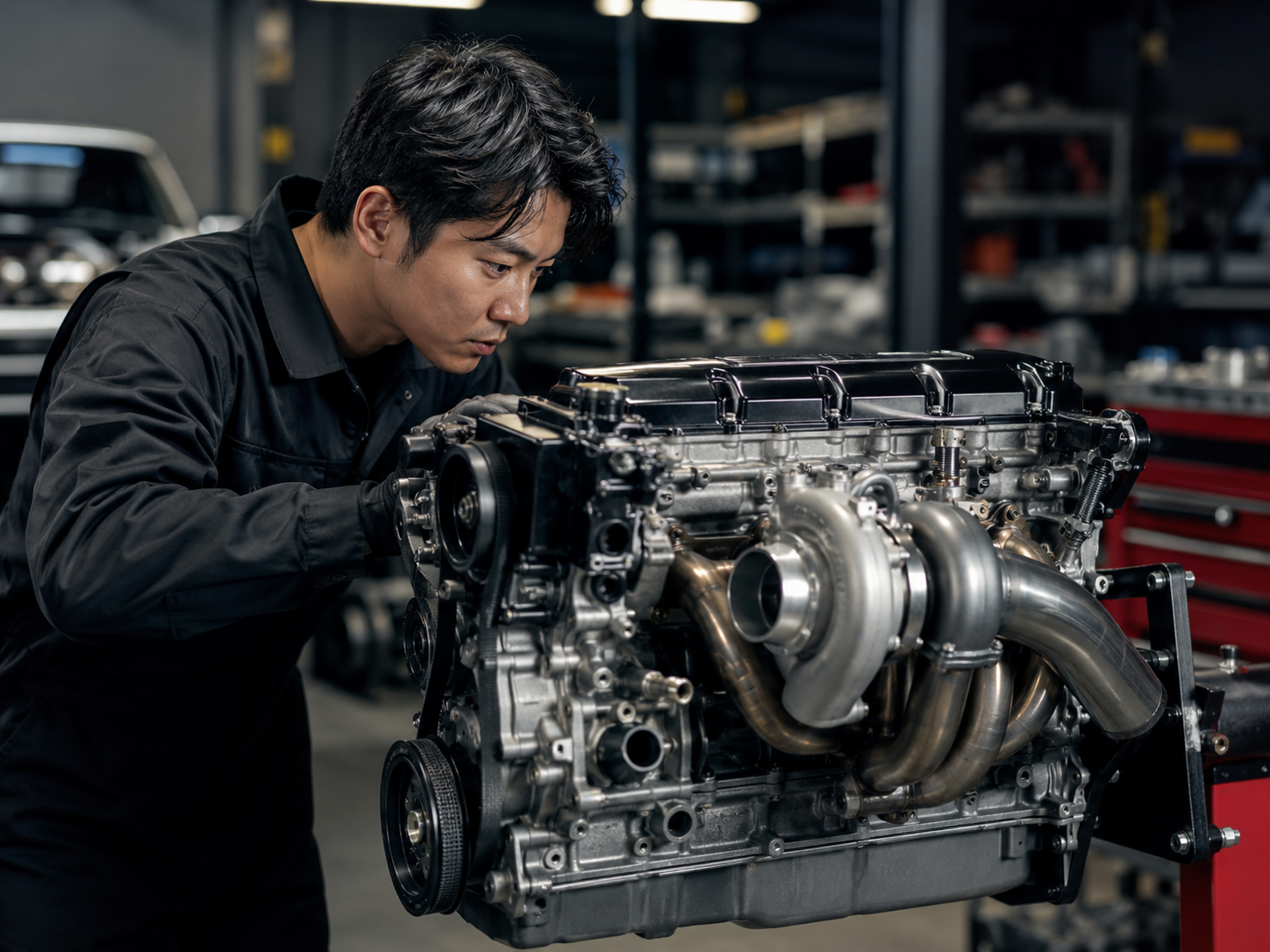 Mechanic inspecting a Japanese engine